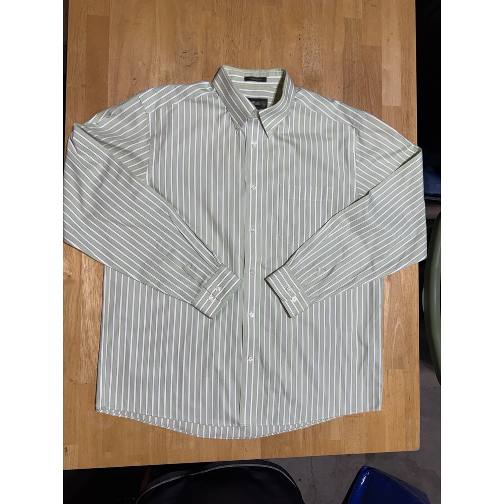 Eddie Bauer Shirt Mens L Green White Stripe Wrinkle Resistant Cotton Relaxed Fit - Picture 2 of 6